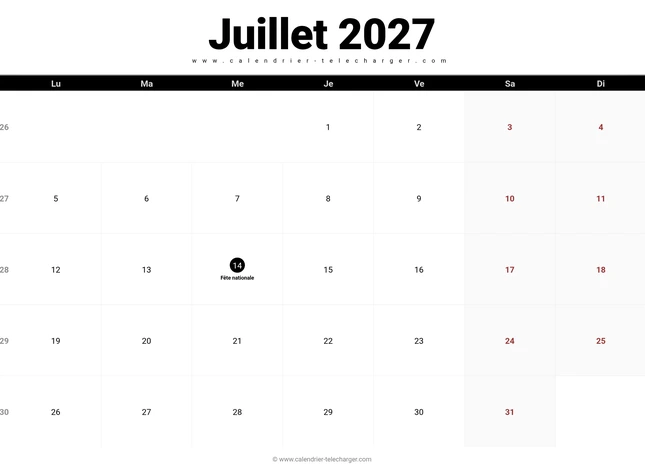 Calendrier juillet 2027 au format horizontal