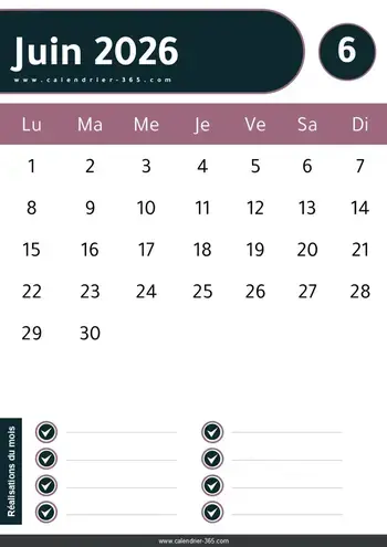 Calendrier Juin 2026