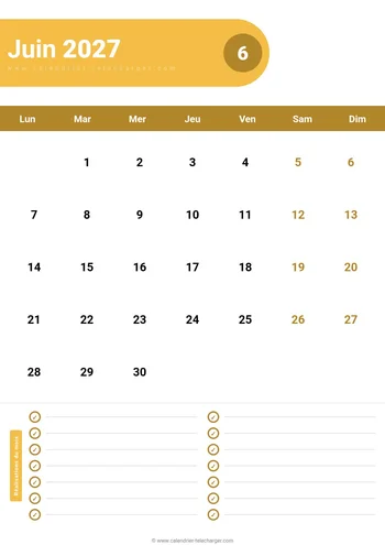Calendrier Juin 2027