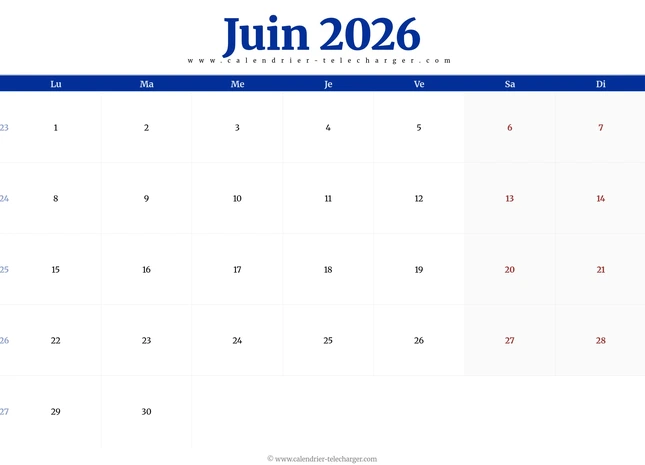 Calendrier du mois de juin 2026 avec semaines