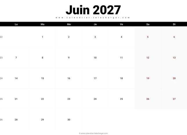 Calendrier du mois de juin 2027 avec semaines