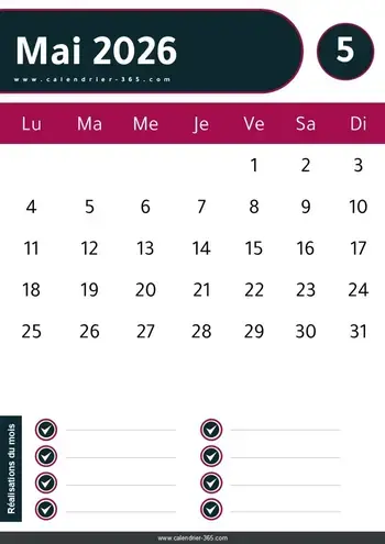 Calendrier Mai 2026