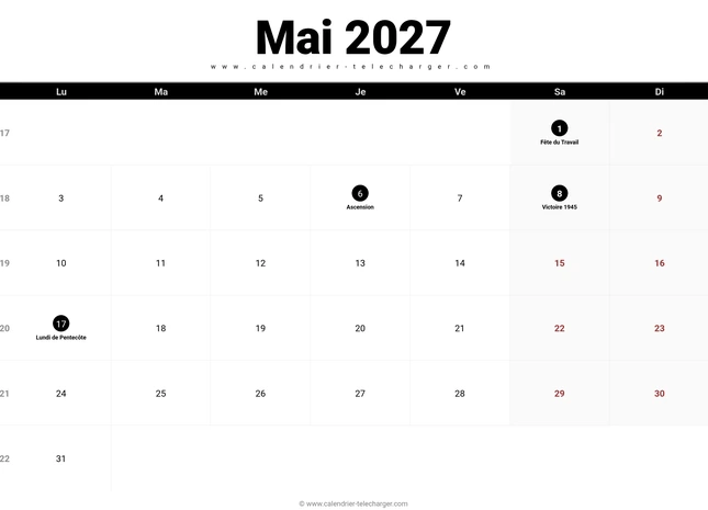 Calendrier mai 2027 paysage à imprimer