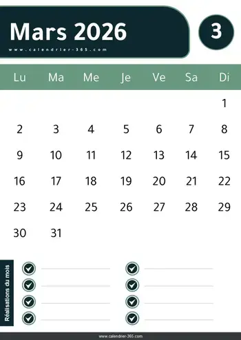 Calendrier Mars 2026