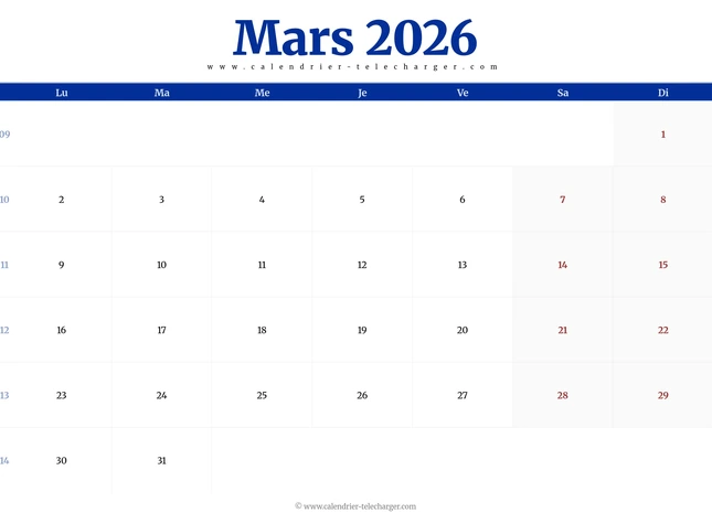 Calendrier mars 2026 avec numéros de semaine