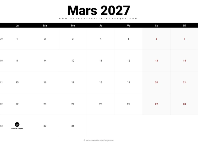 Calendrier mars 2027 avec numéros de semaine