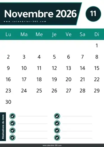 Calendrier Novembre 2026