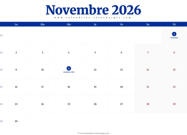 Calendrier novembre 2026 avec jours fériés