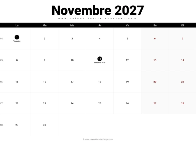 Calendrier novembre 2027 avec jours fériés