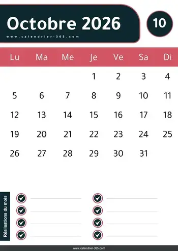 Calendrier Octobre 2026