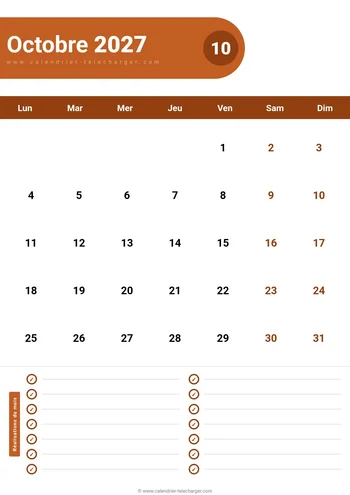 Calendrier Octobre 2027