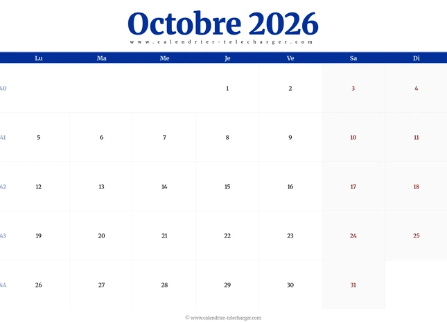 Calendrier d’octobre 2026 horizontal à imprimer