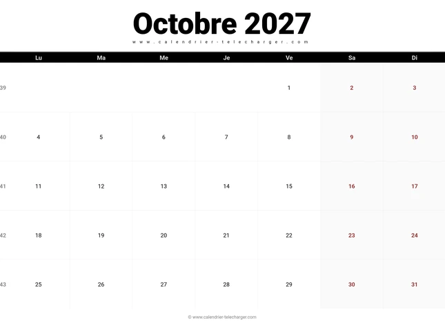 Calendrier d’octobre 2027 horizontal à imprimer