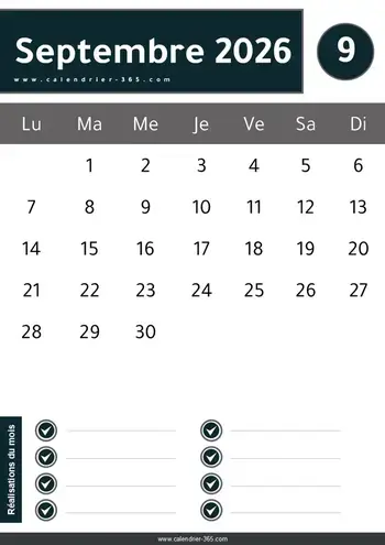 Calendrier Septembre 2026