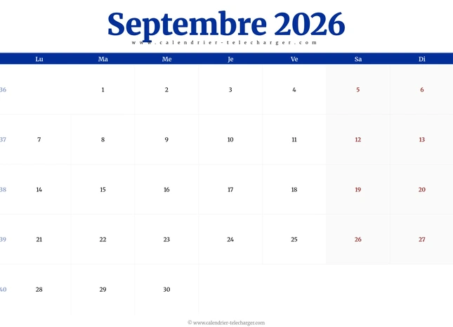 Calendrier septembre 2026 avec semaines numérotées